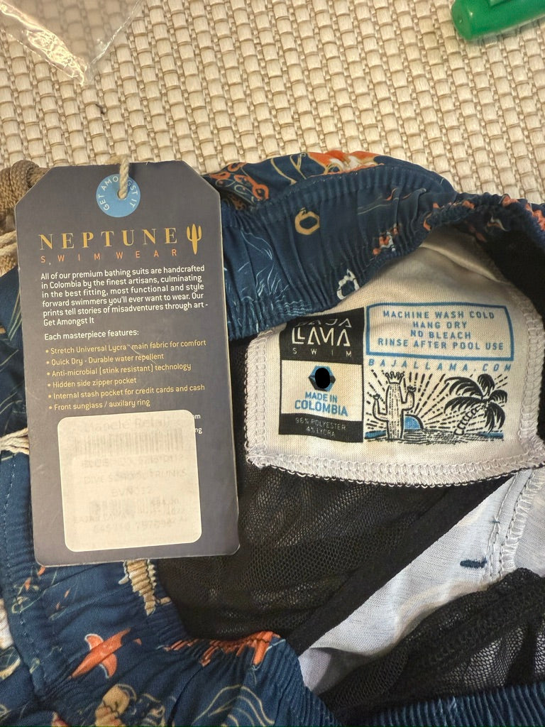 Baja Llama “Dive School” Stretch Swim Trunks — Navy Deep Sea Print — New With Tags. Resort Retail: $88