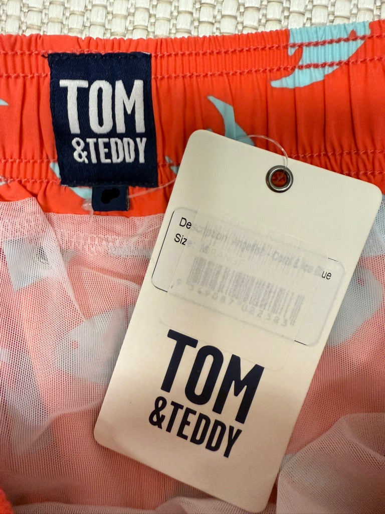 Tom & Teddy Men’s Coral & Aqua Fish Print Swim Trunks New With Tag-Resort Retail $138