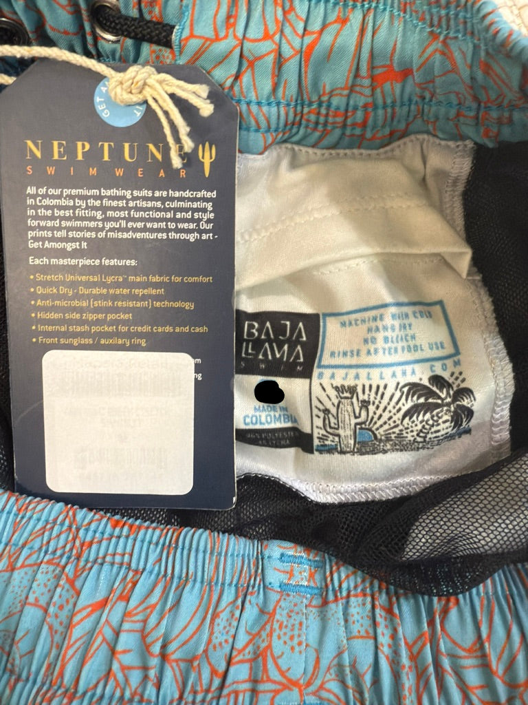 Baja Llama “Fair Fight Green-Stretch” Men's Swim Trunks — Teal & Coral Snake Palm Print — New With Tags. Resort Retail: $88