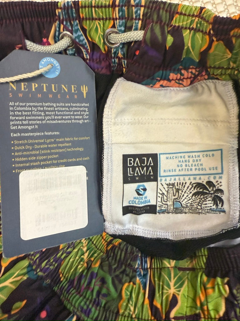 Baja Llama “I'm Freaking Out Man” Stretch Swim Trunks — Tropical Multi-Color Print —New With Tags. Resort Retail: $88
