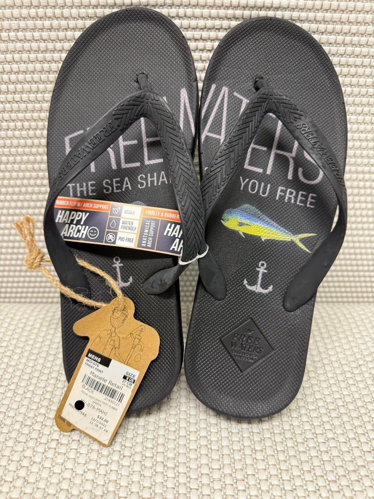 Freewaters "Friday Mahi Mahi Print" Men's Rubber Sandal in Black. New With Tags. Resort Retail $32.00