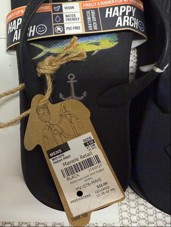 Freewaters "Friday Mahi Mahi Print" Men's Rubber Sandal in Black. New With Tags. Resort Retail $32.00