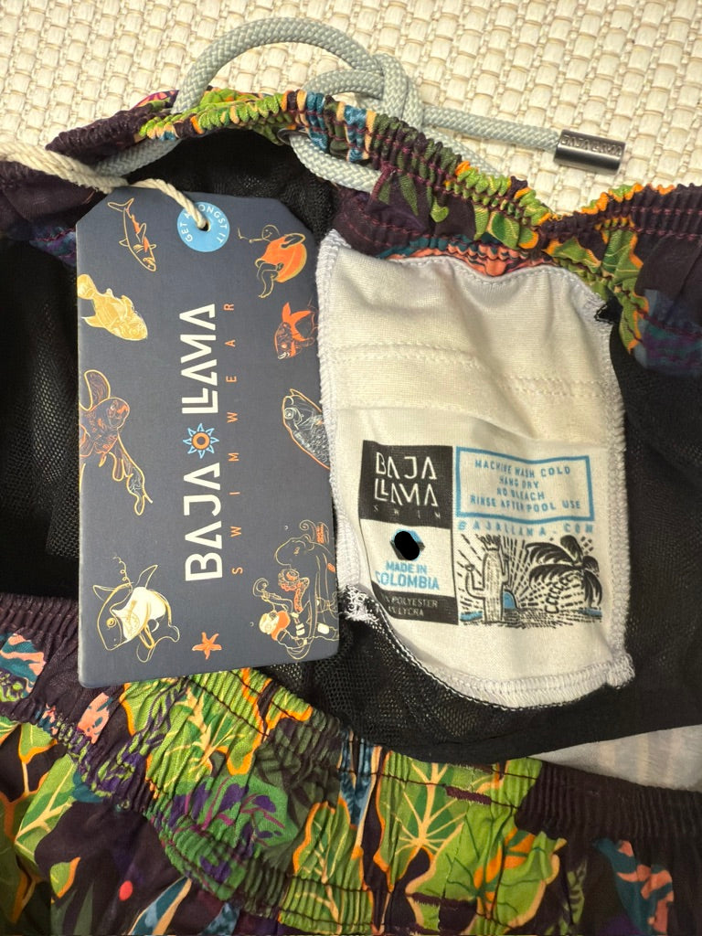 Baja Llama "I'm Freaking Out Man" Men's Stretch Swim Trunks. New With Tags. Resort Retail $98.00