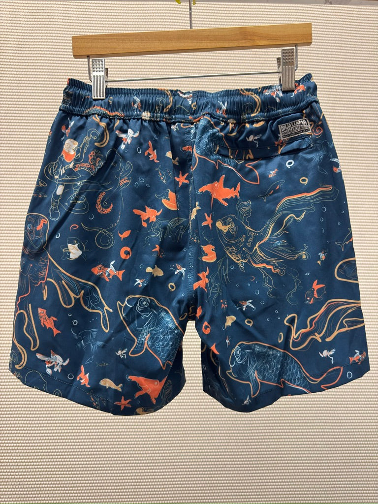 Baja Llama “Dive School” Stretch Swim Trunks — Navy Deep Sea Print — New With Tags. Resort Retail: $88