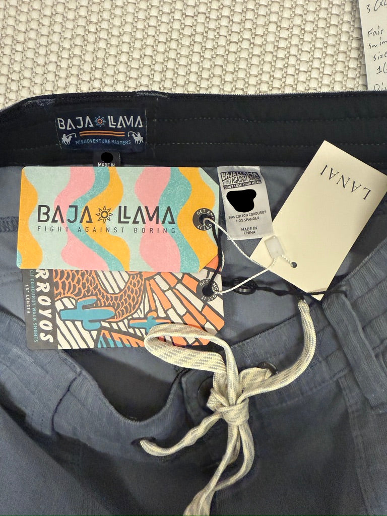 Baja Llama Foggy Seas “Arroyos” Stretch Corduroy Walk Shorts — Resort Retail $98.00