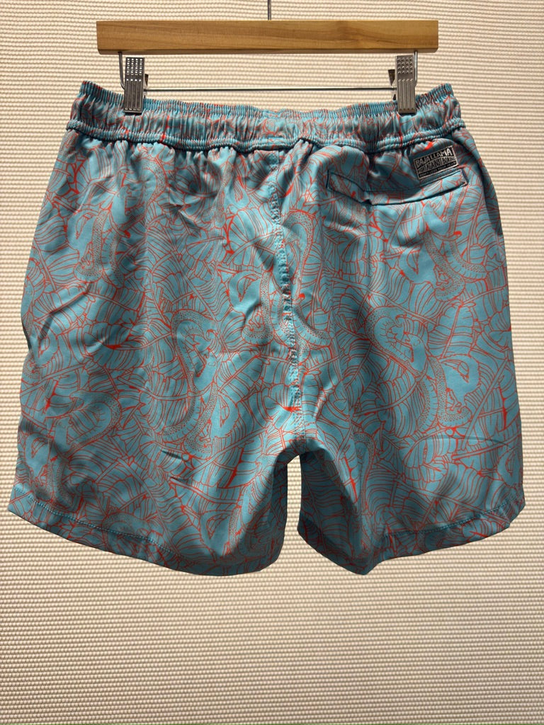 Baja Llama “Fair Fight Green-Stretch” Men's Swim Trunks — Teal & Coral Snake Palm Print — New With Tags. Resort Retail: $88