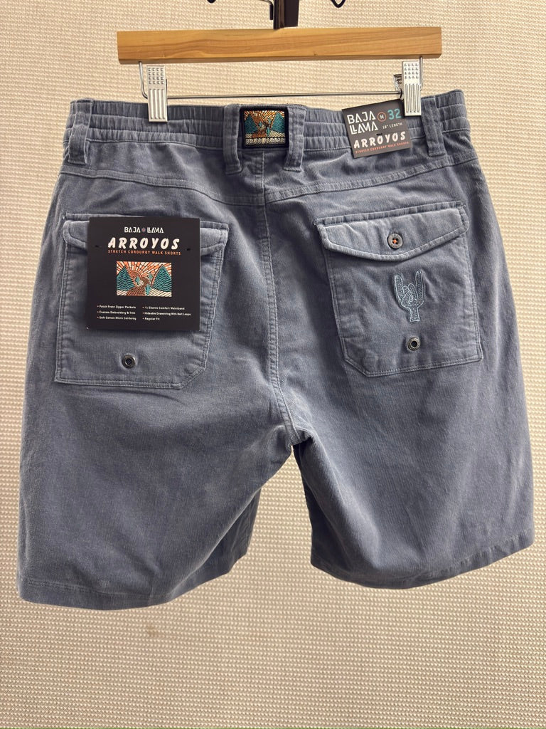 Baja Llama Foggy Seas “Arroyos” Stretch Corduroy Walk Shorts — Resort Retail $98.00