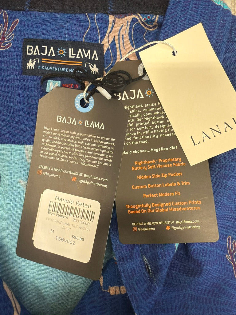Baja Llama  "Split Personalities" Men's Aloha Shirt. New With Tags. Resort Retail $92.00