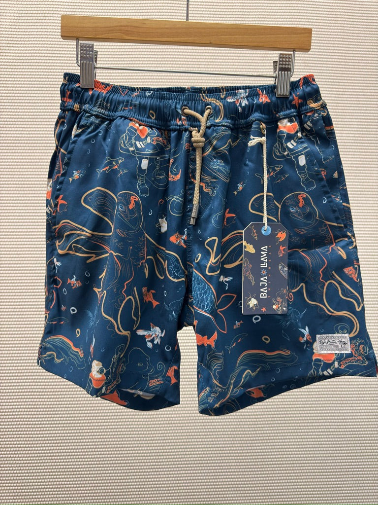 Baja Llama “Dive School” Stretch Swim Trunks — Navy Deep Sea Print — New With Tags. Resort Retail: $88