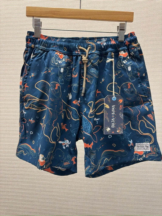 Baja Llama “Dive School” Stretch Swim Trunks — Navy Deep Sea Print — New With Tags. Resort Retail: $88
