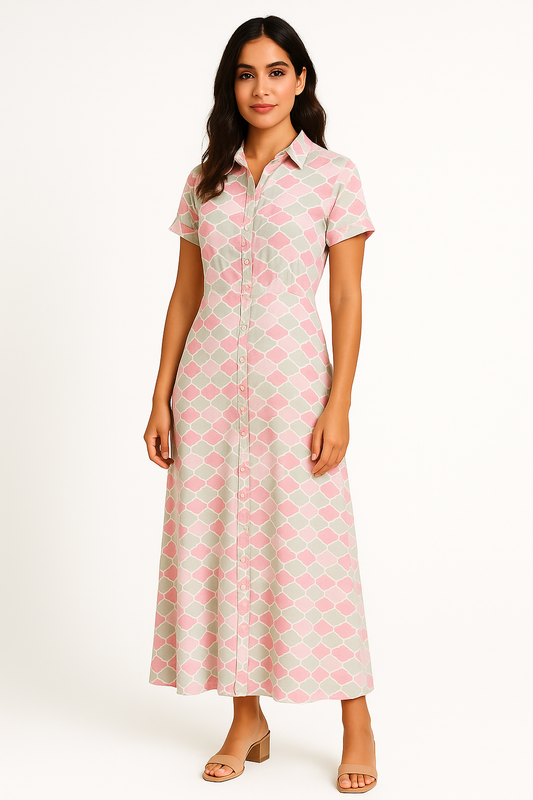 Livadis Short Sleeve Long Button Front Dress - Sea Water Colored Shells