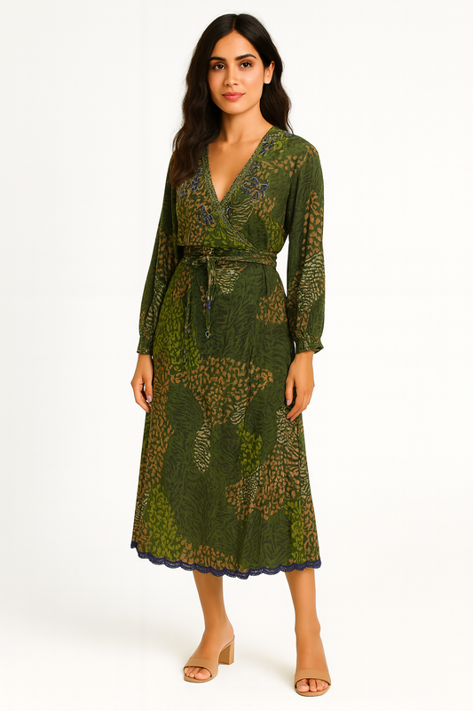Dora Wrap Dress - Green Animal Print