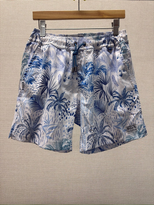 Neptune Swimwear “White Hot Tropics” Stretch Swim Trunks — Blue/White Palm Print — Men’s. New With Tags. Resort Retail: $78
