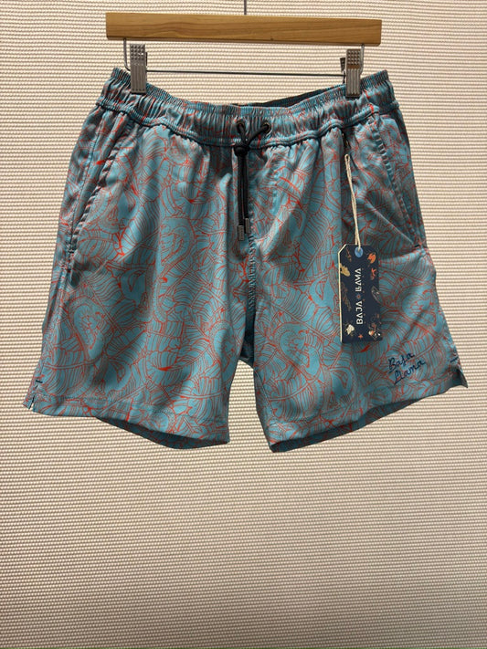 Baja Llama “Fair Fight Green-Stretch” Men's Swim Trunks — Teal & Coral Snake Palm Print — New With Tags. Resort Retail: $88