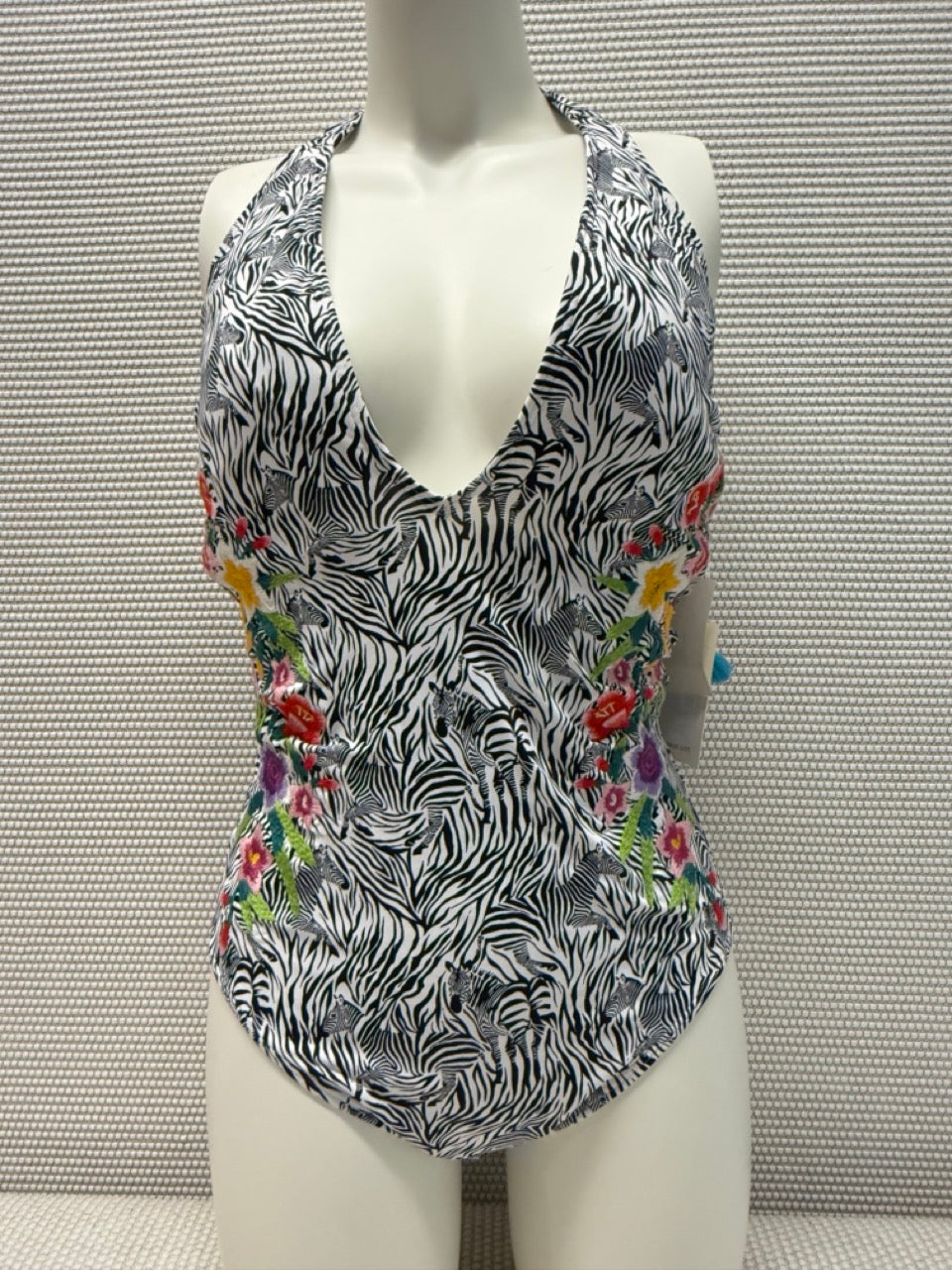 Johnny Was Spring Halter Embroidered One Piece Multi Print Swimsuit