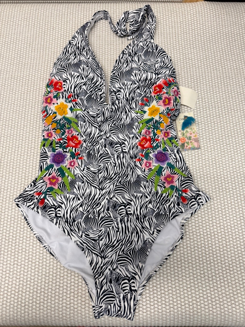 Johnny Was Spring Halter Embroidered One Piece Multi Print Swimsuit