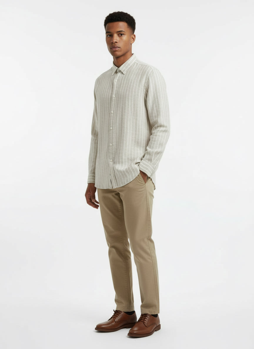 Mens Frank & Eileen “Finbar” Tan & White Striped Button-Front Shirt – XL