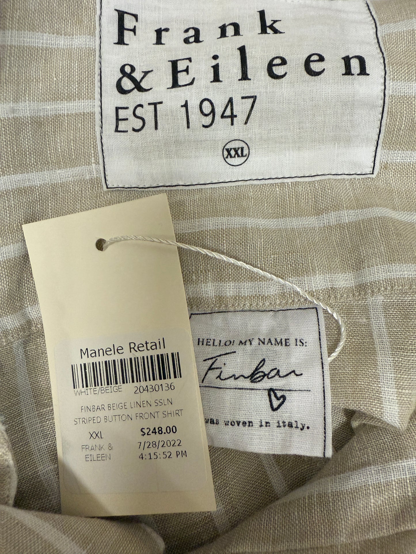 Mens Frank & Eileen “Finbar” Tan & White Striped Button-Front Shirt – XL