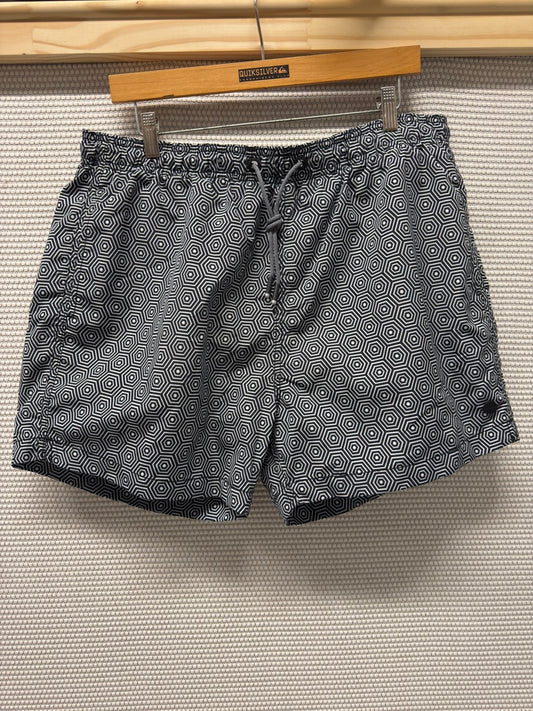 Superdry Studios “Studio Trunks” Swim Shorts in Black Geometric Print — New with Tags. Resort retail $45.