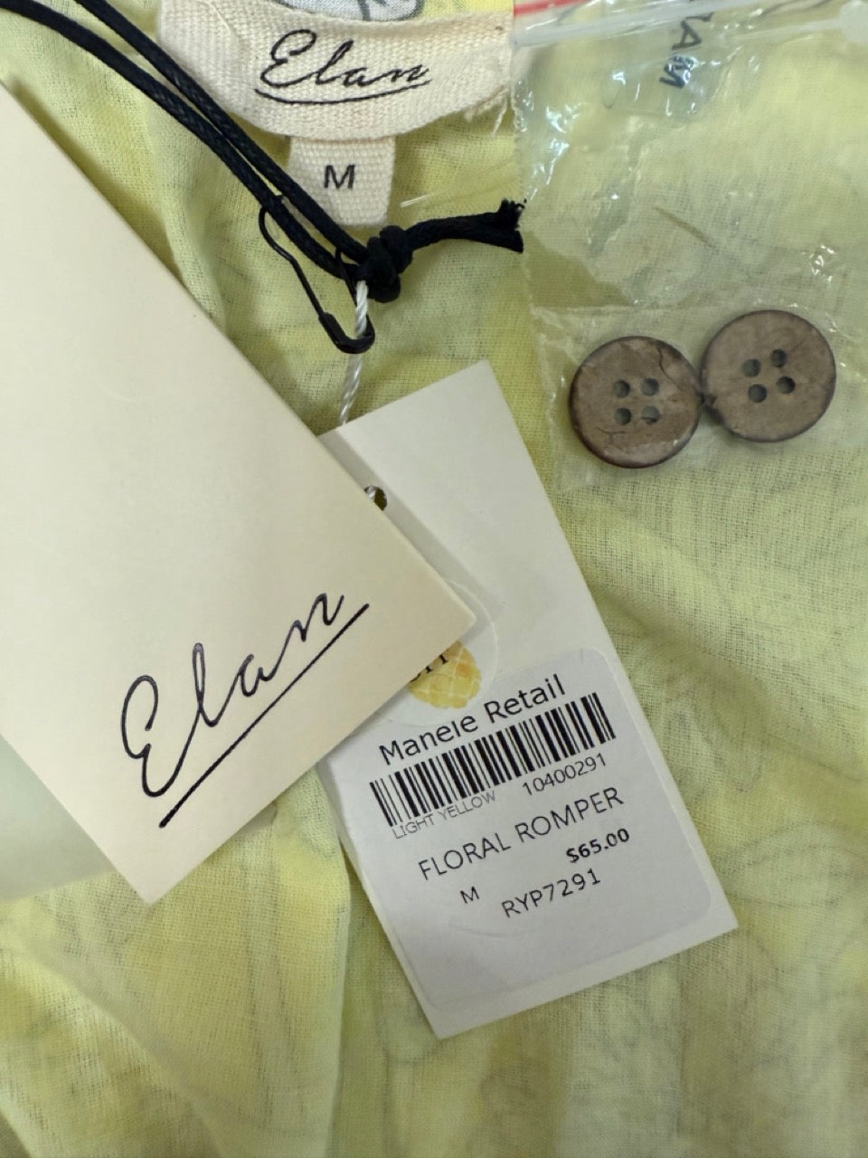 Elan “Light Yellow Floral Button-Front Romper” — New with Tags. Resort retail $65.