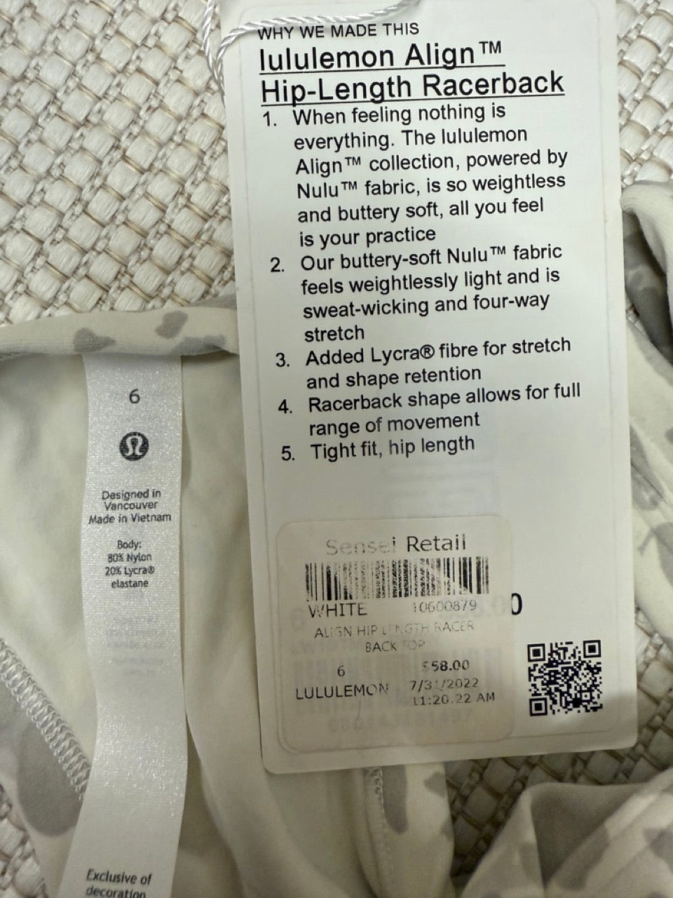 Lululemon "Align" HIp-Length Racerback Tank in White— New with Tags. Resort retail $58.00